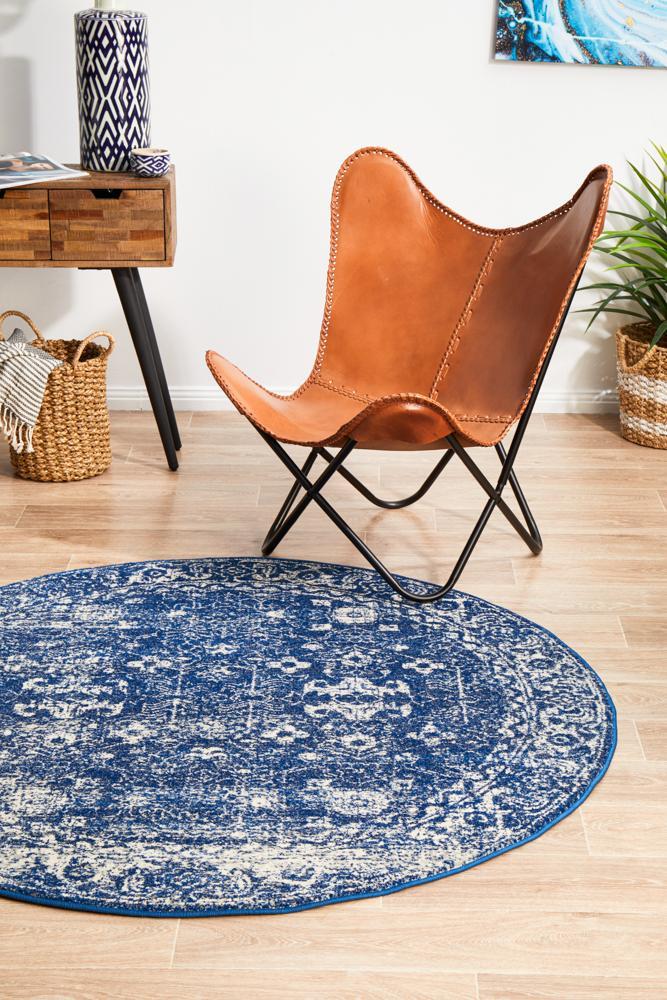 Waken Round Rug - Navy Oasis.