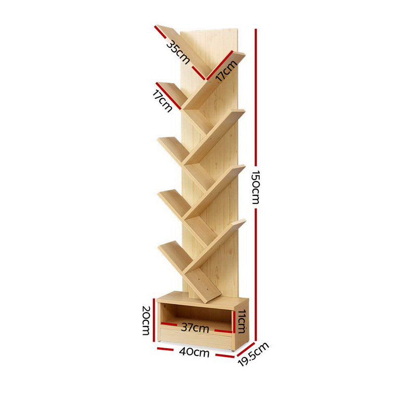 Display Shelf 9-Shelf Tree Bookshelf Book Storage Rack Bookcase Natural