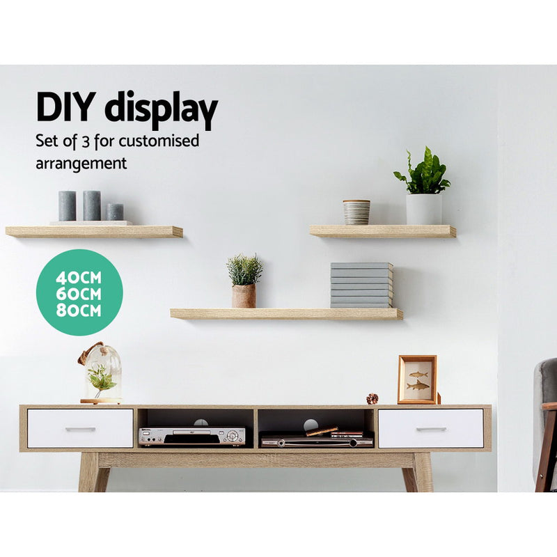 3pcs Wall Floating Shelf Set DIY Mount Storage Book Display Rack Oak.