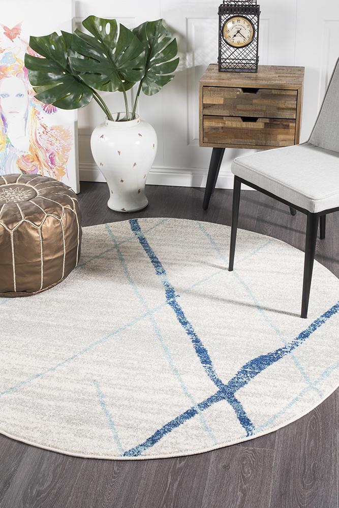 Bayview Noah White Blue Contemporary Round Rug.