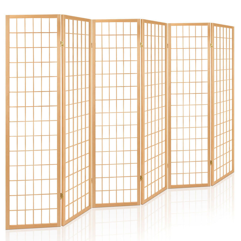 6 Panel Room Divider Privacy Screen Foldable Pine Wood Stand Natural