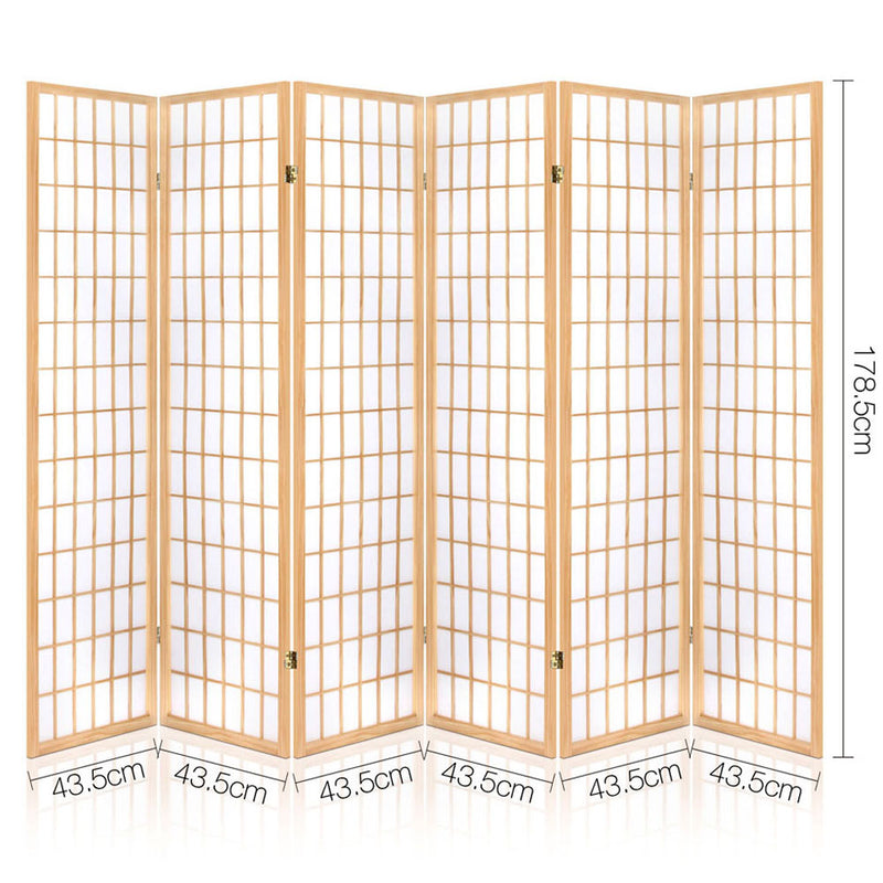 6 Panel Room Divider Privacy Screen Foldable Pine Wood Stand Natural