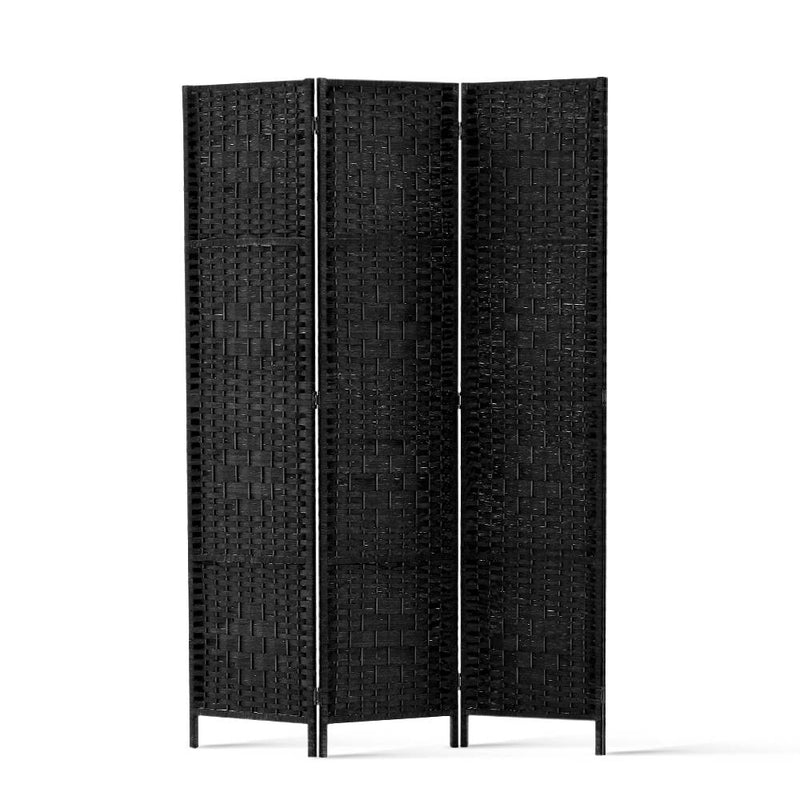 3 Panel Room Divider Privacy Screen Rattan Woven Wood Stand Black.