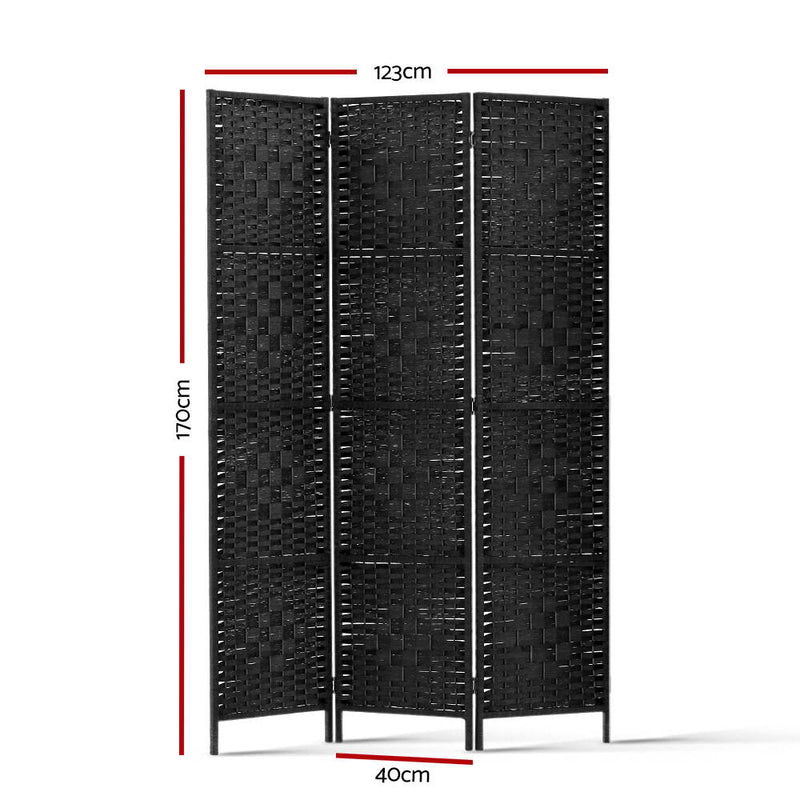 3 Panel Room Divider Privacy Screen Rattan Woven Wood Stand Black.