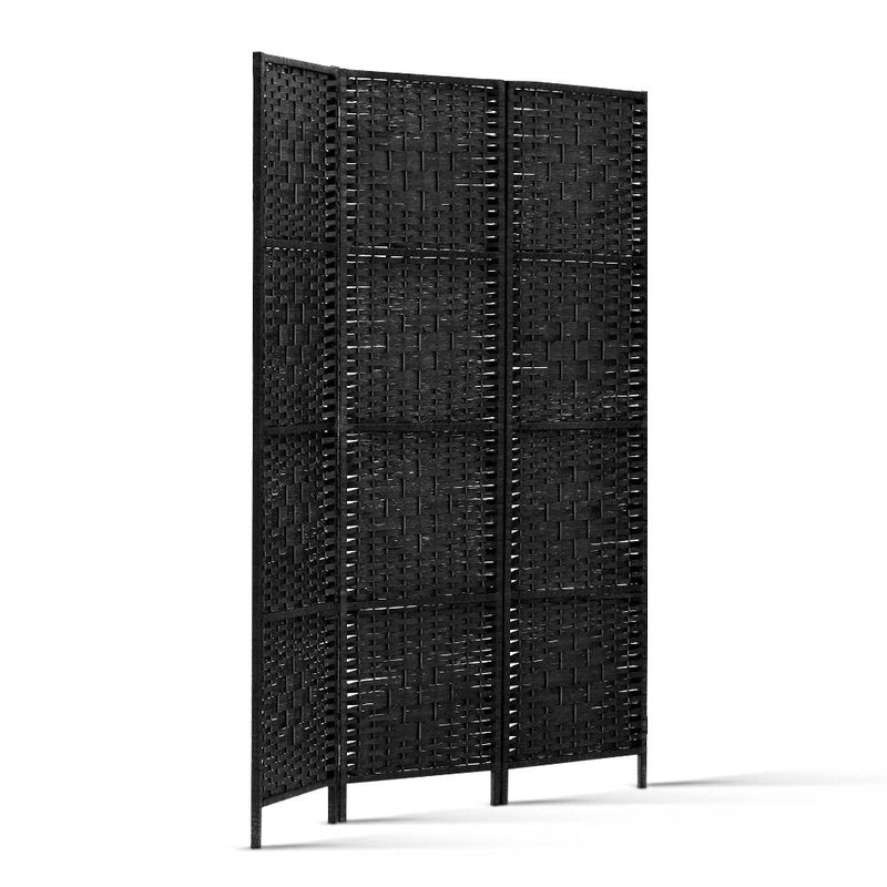 3 Panel Room Divider Privacy Screen Rattan Woven Wood Stand Black.