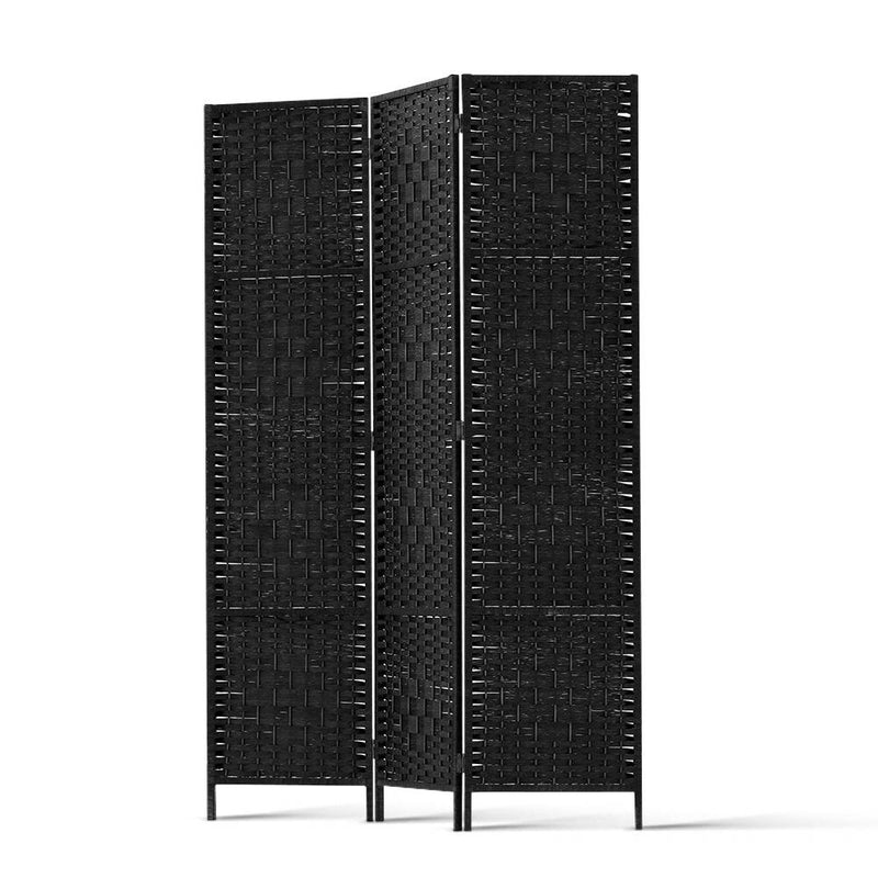 3 Panel Room Divider Privacy Screen Rattan Woven Wood Stand Black.