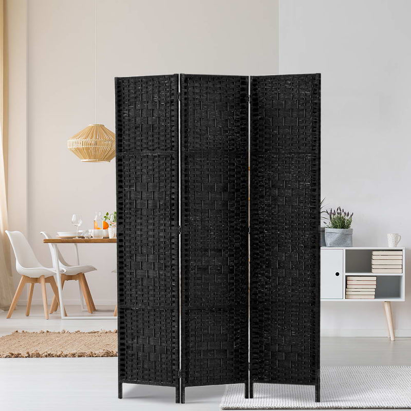 3 Panel Room Divider Privacy Screen Rattan Woven Wood Stand Black.