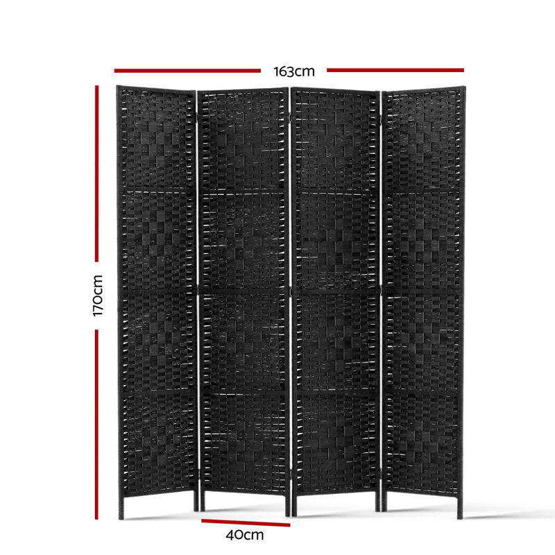 4 Panel Room Divider Privacy Screen Rattan Woven Wood Stand Black