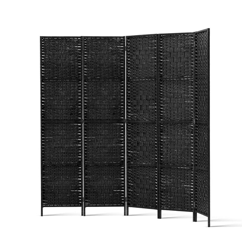 4 Panel Room Divider Privacy Screen Rattan Woven Wood Stand Black