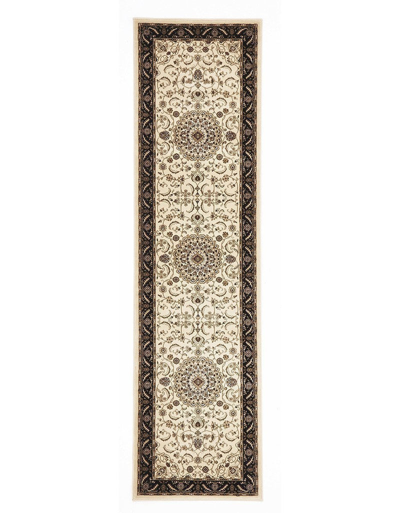 Tuggerah Medallion Runner Ivory with Black Border Runner Rug.