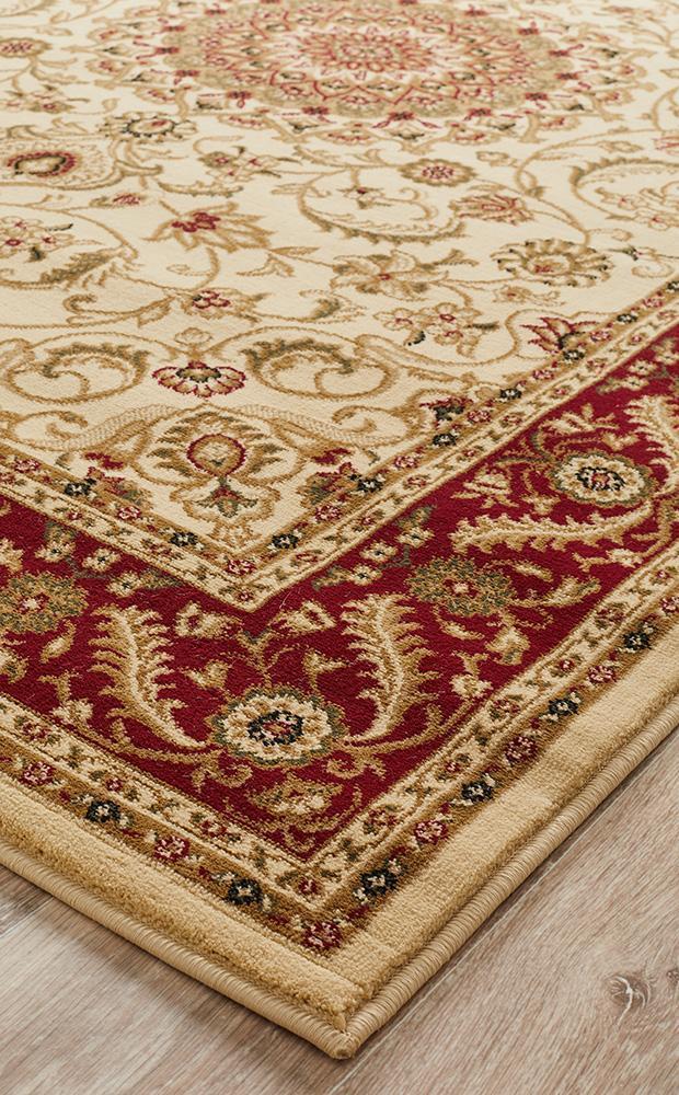 Tuggerah Collection Medallion Rug Ivory with Red Border.